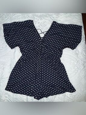 VENUS Navy Polka Dot V-Neck Romper